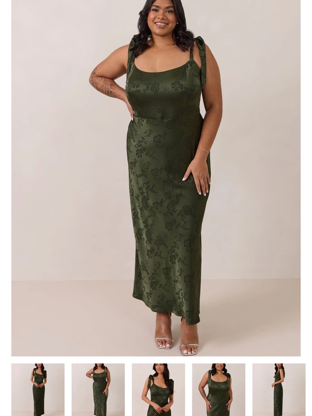 Park & Fifth Olive Green Floral Jacquard Tie-Shoulder Maxi Dress